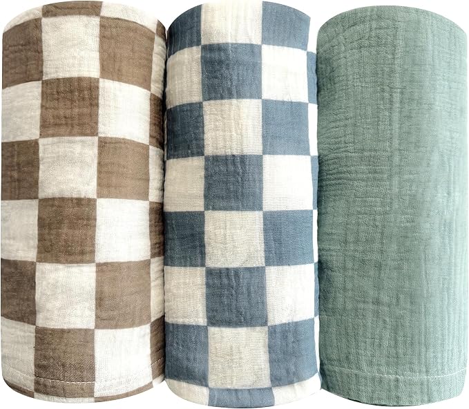 3 Pack Ultra Soft Checkered Muslin Swaddle Blankets 38"x40" Cotton Newborn by Andreannie