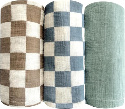 3 Pack Ultra Soft Checkered Muslin Swaddle Blankets 38"x40" Cotton Newborn by Andreannie