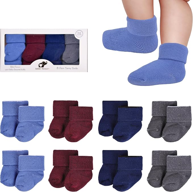 8 Pairs Newborn Socks Thick Cotton Terry Turn Cuff Baby Socks 0-6 Months Cute by BebeFavour