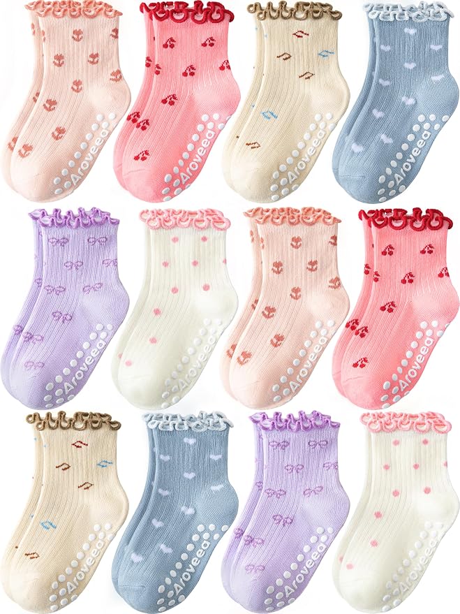 Baby Toddler Girls Socks Grip Ruffle Non Slip Kids Cotton 12 Pack Socks | by Aroveea