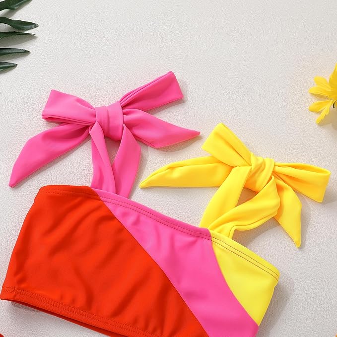 Toddler Swimsuit Girl Color Block Stripe Swimwear Baby Girl Summer Beach Bathing Suits Bikini Set with Ruffled Edges