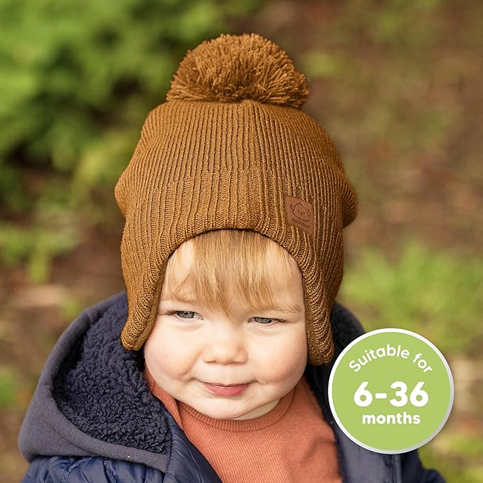 Baby Beanies, Baby Hats for Boys, Girls - Cute Toddler Winter Hat, Soft & Stretchy Beanies for Infant, Newborn 6-36 Months, Cozy & Warm with Earflap Muff & Pom (Latte)