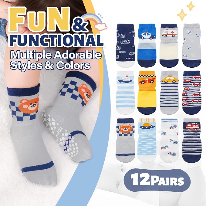 ANTSANG 12 Pairs Baby Girls Boys Toddlers Kids Crew Cotton Grips Socks | Smooth - Image 2
