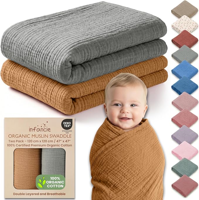 100% Organic Cotton 2 PK Baby Receiving Blankets Unisex 47x47 in | Oeko-TEX by Infancie