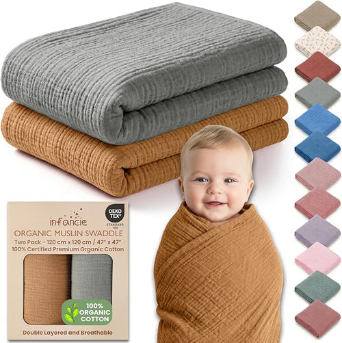100% Organic Cotton 2 PK Baby Receiving Blankets Unisex 47x47 in | Oeko-TEX by Infancie