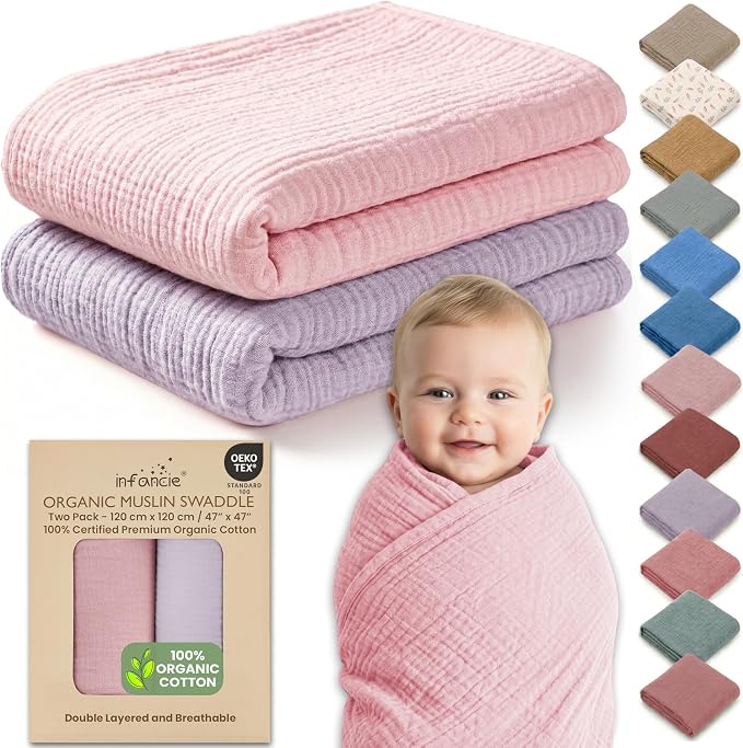 100% Organic Cotton Baby Muslin Blanket 2 Pack 47x47 in Girl Gift | Oeko-TEX by Infancie