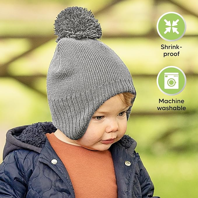 Baby Beanies, Baby Hats for Boys, Girls - Cute Toddler Winter Hat, Soft & Stretchy Beanies for Infant, Newborn 6-36 Months, Cozy & Warm with Earflap Muff & Pom (Gray)