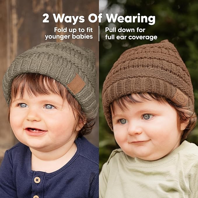 3-Pack Baby Beanies for Boys, Girls - Stretchy Knit Baby Hats, Cute Newborn & Toddler Winter Hat, Soft & Warm Infant Beanie 6-36 Months (Dune, M)