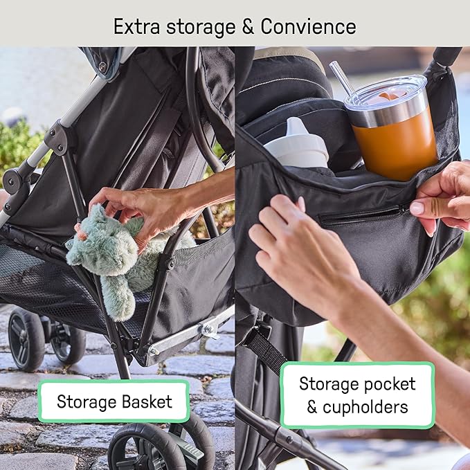 Ingenuity 3D Mini Convenience Stroller – Lightweight Stroller with Compact Fold, Multi-Position Recline, Canopy with Pop Out Sun Visor – Umbrella Stroller for Travel and More, Slate Grey