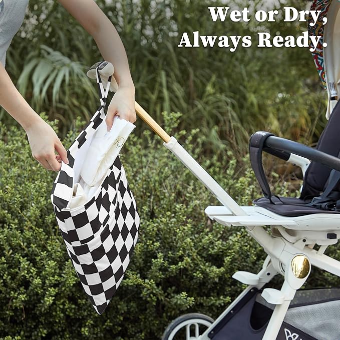 Black Checkered Waterproof Wet Dy Diaper Bag for Baby Essentials, Travel, Swimsuit, Beach Bag Accessories, Aesthetic Trendy Cute Toddler Baby Cloth Bag Pouch, Pack of 2