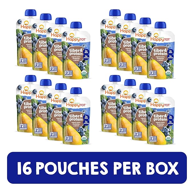 Happy Tot Organics Stage 4 Baby Food Pouches, Gluten Free, Vegan Snack, Fiber & Protein Fruit & Veggie Puree, Pears, Blueberries & Spinach, 4 Ounce (Pack of 16)