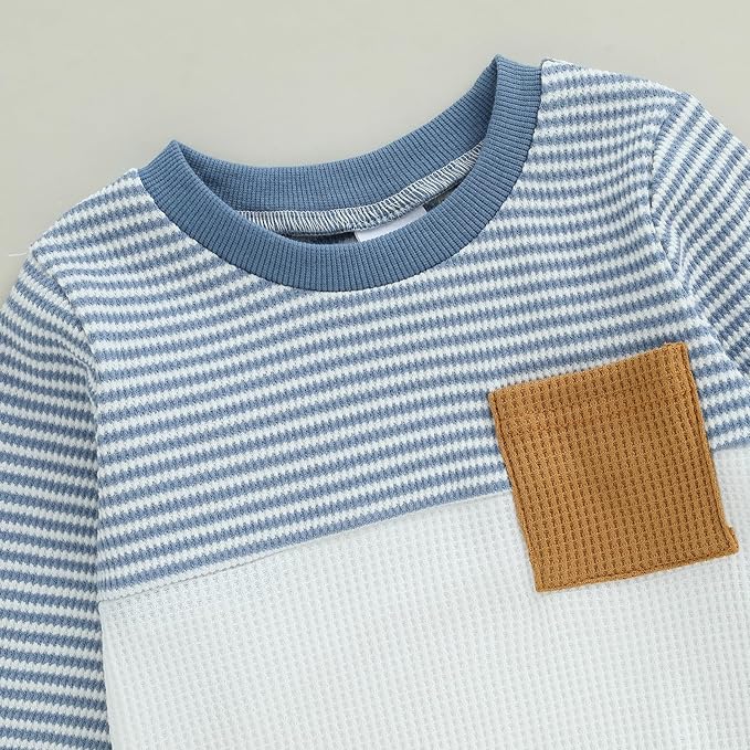Toddler Baby Boy Fall Clothes Waffle Outfit Long Sleeve Color Blocking Sweatshirt Pullover Jogger Pant Set