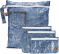 Bumkins Roamio Wet Bag and 3-Pack Clear-Sided Travel Pouches, Waterproof Fabric Organizer for Toiletries, Gym Clothes, Swim Gear, Shoes, Accessories, TSA Compliant Packing Set, Faux Denim 4-pc Set