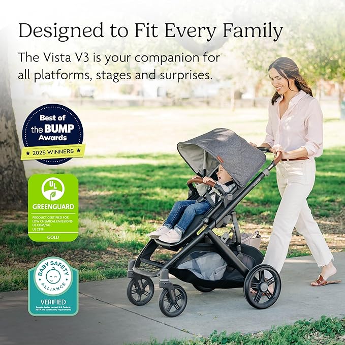 UPPAbaby Vista V3 Stroller - Full-Size Single-to-Double Stroller System - Toddler Seat, Bug Shield, Rain Shield, and Storage Bag Included - Gwen (Green Mélange/Carbon Frame/Saddle Leather)