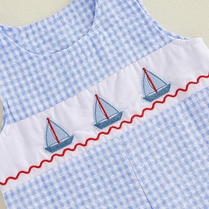 Newborn Baby Boys Sleeveless Seersucker Romper One Piece Straps Overalls - Image 5