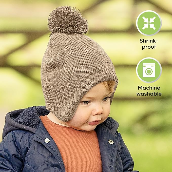 Baby Beanies, Baby Hats for Boys, Girls - Cute Toddler Winter Hat, Soft & Stretchy Beanies for Infant, Newborn 0-6 Months, Cozy & Warm with Earflap Muff & Pom (Taupe, S)