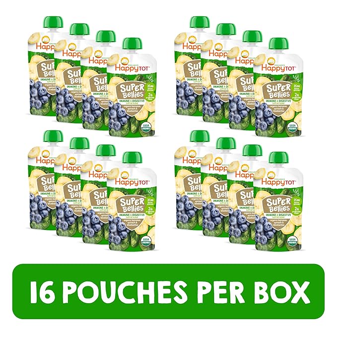 Happy Tot Organics Stage 4 Baby Food Pouches, Gluten Free, Vegan Snack, Super Bellies, Fruit & Veggie Puree, Banana, Spinach & Blueberries 4 Ounce (Pack of 16)