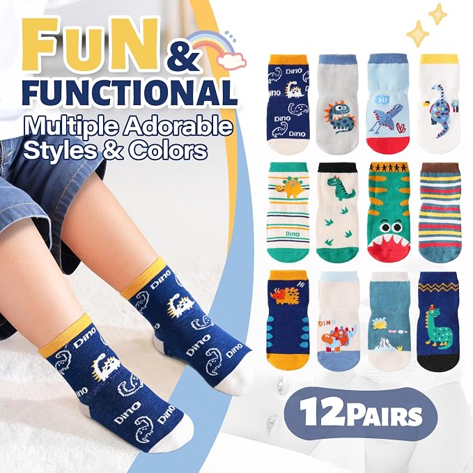 ANTSANG 12 Pairs Baby Girls Boys Toddlers Kids Crew Cotton Grips Socks | Smooth - Image 3