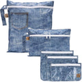 Bumkins Roamio Travel Set – Waterproof Wet Bag, Wet/Dry Clutch, 3 Clear TSA Pouches – Reusable Organizers for Swim, Gym, Toiletries, Baby Gear, Pump Parts, Beach, Pool, Travel, Faux Denim 5-pc Set