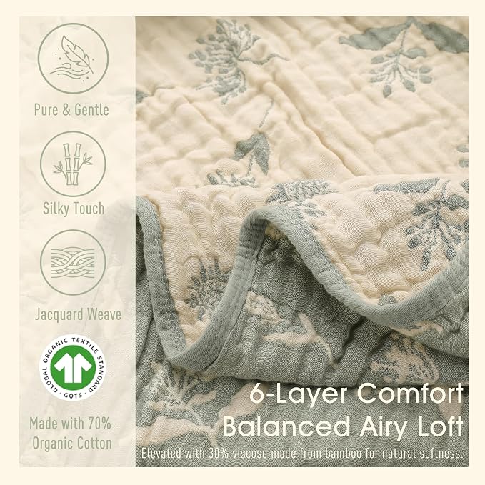 Muslin Baby Blanket, Organic Cotton Blend Jacquard | 43x43 Inches, Reversible - Image 3