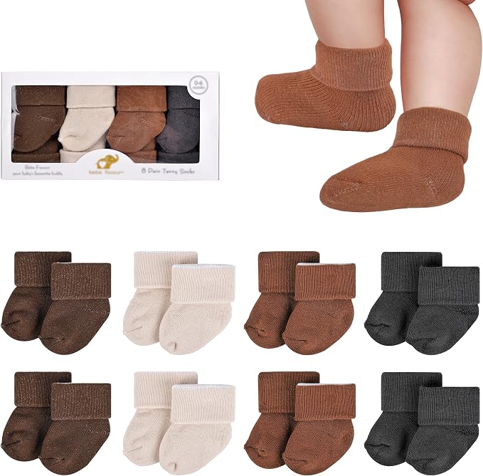 8 Pairs Newborn Socks Thick Cotton Terry Turn Cuff Baby Socks 0-6 Months Cute by BebeFavour