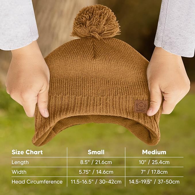 Baby Beanies, Baby Hats for Boys, Girls - Cute Toddler Winter Hat, Soft & Stretchy Beanies for Infant, Newborn 6-36 Months, Cozy & Warm with Earflap Muff & Pom (Latte)