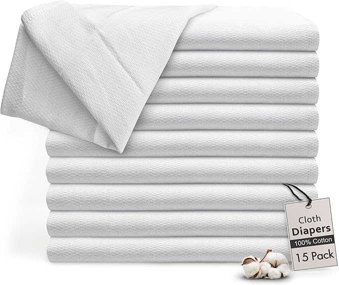 RUVANTI Unisex Birdseye Flat-Fold Cloth Diapers for Babies 15 Pack, 100% Cotton Reusable Diaper Inserts 23x23 Inches, White