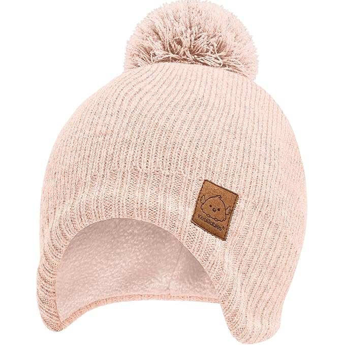 Baby Beanies, Baby Hats for Boys, Girls - Cute Toddler Winter Hat, Soft & Stretchy Beanies for Infant, Newborn 0-6 Months, Cozy & Warm with Earflap Muff & Pom (Blush, S)