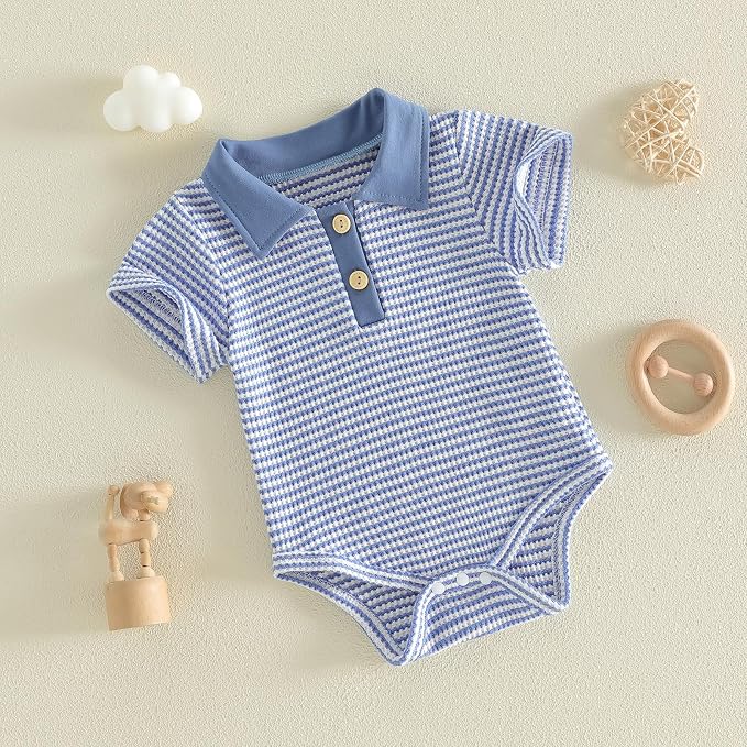 VISGOGO Baby Boy Striped Romper Waffle Short Sleeve Button Oversized Bodysuit - Image 5