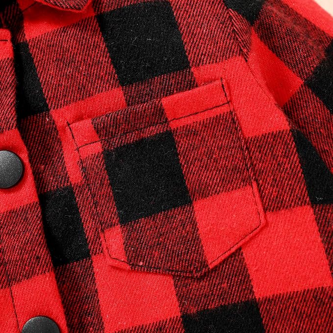 YOUNGER STAR Toddler Kids Boys Girls Flannel Hooded Plaid Shirt Button Baby Red - Image 6