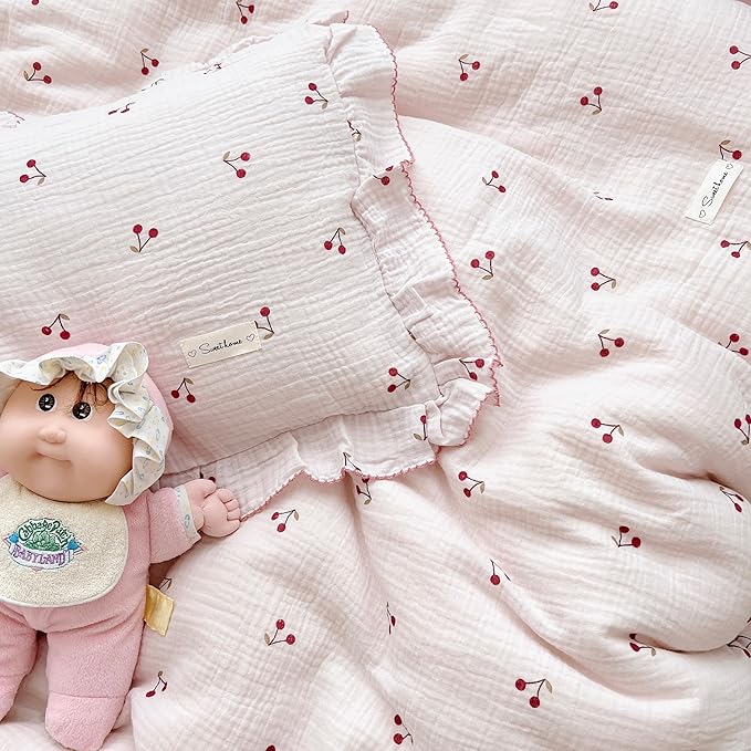 AOJIM Pink Cotton Muslin Kids Toddler Pillowcase Super Soft Baby Crib Bedding Pillowcase with Ruffle Edges Machine Washable Cherry Nursery Pillowcase for Boys Girls, Durable Kids Pillow Cover, 14x20''