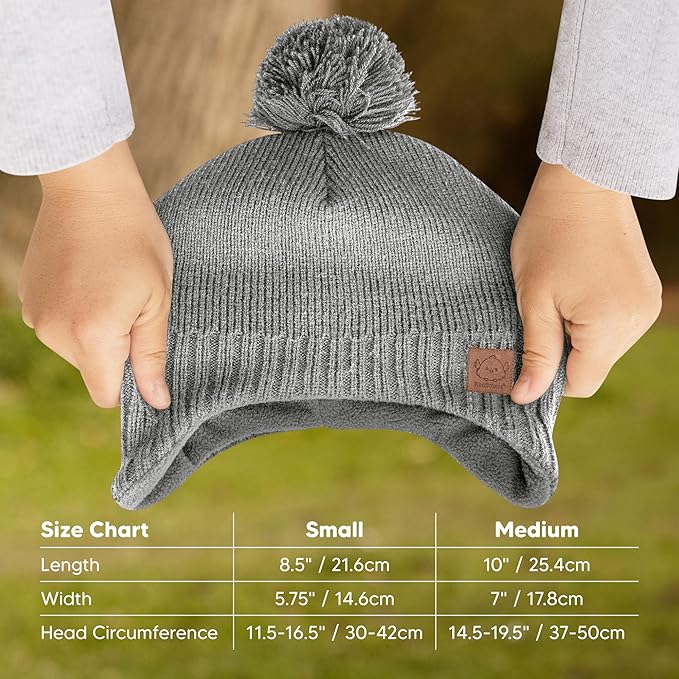 Baby Beanies, Baby Hats for Boys, Girls - Cute Toddler Winter Hat, Soft & Stretchy Beanies for Infant, Newborn 0-6 Months, Cozy & Warm with Earflap Muff & Pom (Gray, S)