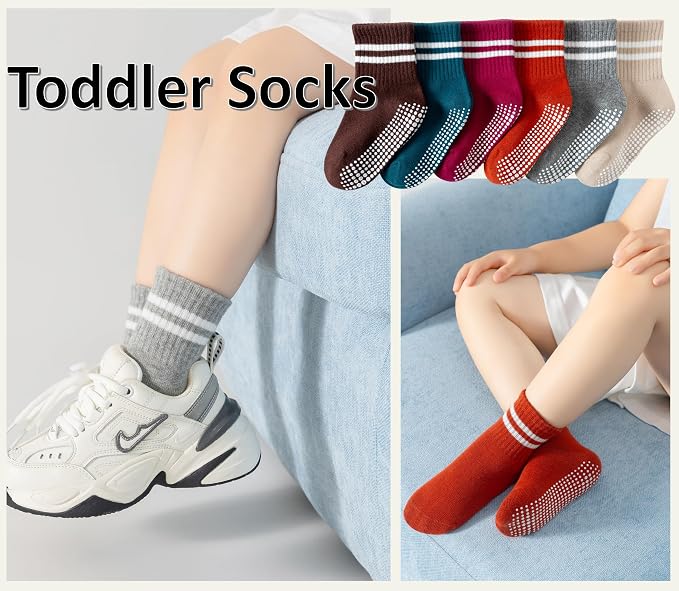 Toddler Grip Socks with Non-Slip Unisex Baby Stripe Crew Cotton Socks | Retro - Image 4