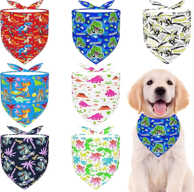 7 PCS Medium Dinosaurs Dog Bandanas Hemming Seam Edge Dog Bandana by Bestwishforyou