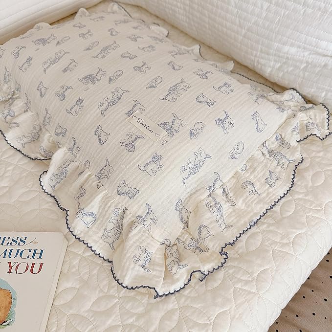 AOJIM Cotton Muslin Kids Pillowcase with Cute Cat Patterns, Super Soft Crib Nursery Pillowcase 1PC for Boys Girls, Ruffled Edges Toddler Bedding for Room Decor, Machine Washable, 26x20 Inches
